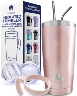 Insulated Tumbler With Lid And Straw - 20 Oz Insulated Coffee Mug With Handle, Travel Coffee Mug With 2 Lids, 2 Metal Straw, Brush And Storage Bag, Hglitter Rose Gold