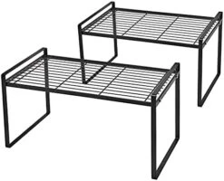 Shantton 2 Pack Kitchen Cabinet Shelf Counter Organizer Rack Pantry Storage Bathroom Bedroom Office Table Desk Space Saving Steel Frame Stackable Rust Resistant Non Slip White -Peugeot Shop 41g7ztQHrRL. AC