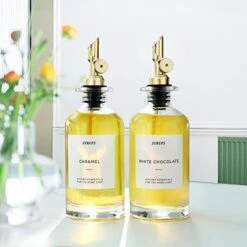 Olive Oil Dispenser Glass Bottle For Kitchen 2pack, Coffee Syrup Or Mouthwash Dispenser W. Weighted Pourer Spout& Funnel &35pcs Labels, Vinegar Cooking Dispenser Olive Oil Cruet Container , 350mL