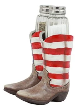 Patriotic Stars And Stripes American Flag Boots Salt And Pepper Shakers Set With Decorative Resin Display Holder Figurine And Glass Shakers Kitchen Country Western Cowboy Cowgirl Decor Statue -Peugeot Shop 41gn16vBvBL