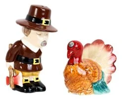 Autumn Fall Historical Thanksgiving Dinner English Pilgrim With Axe Kissing Turkey Stag Ceramic Salt And Pepper Shakers Holder Figurine Set Kitchen Dining Breakfast Table Decorative -Peugeot Shop 41gvCsk3klL