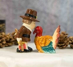Autumn Fall Historical Thanksgiving Dinner English Pilgrim With Axe Kissing Turkey Stag Ceramic Salt And Pepper Shakers Holder Figurine Set Kitchen Dining Breakfast Table Decorative
