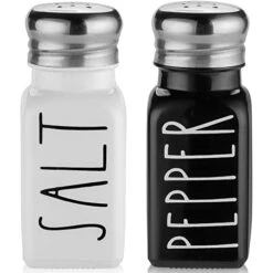 Farmhouse Salt And Pepper Shakers Set By Brighter Barns - Cute Modern Farmhouse Kitchen Decor For Home Restaurants Wedding - Gorgeous Vintage Glass Black White Shaker Sets With Stainless Steel Lids