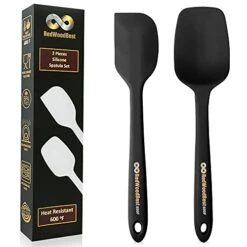 Premium 600F High Heat Resistant Silicone Spatula 2 Set Sturdy Handle Created For Cooking, Baking And Mixing, One Piece Design, Non-Stick, Strong Stainless Steel Core (Black)