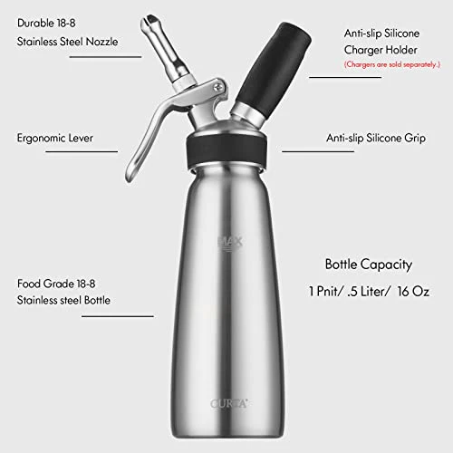 CURTA Professional Whipped Cream Dispenser, 18-8 Stainless Steel Food Grade Cream Whipper, Cream Maker With 3 Decorating Stainless Steel Nozzles, 500ml / 1 Pint Canister, N2O Chargers (Not Included) 3 CURTA Professional Whipped Cream Dispenser, 18-8 Stainless Steel Food Grade Cream Whipper, Cream Maker With 3 Decorating Stainless Steel Nozzles, 500ml / 1 Pint Canister, N2O Chargers (Not Included) - Image 3