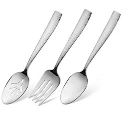 3-Piece Hammered 18/10 Stainless Steel Silverware Serving Spoons And Fork Set - Hostess Buffet Flatware
