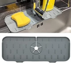 KWSPLK Silicone Sink Faucet Mat, Silicone Faucet Handle Drip Catcher Tray, Sink Draining Pad Behind Faucet, Drip Protector Splash Countertop Protection Rubber Drying Pad (Gray)