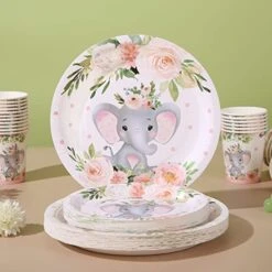 Elephant Baby Shower Party Supplies Baby Girl Plates And Napkins Pink Floral Tableware For Girls Princess Baby Shower Bridal Shower Flower Jungle Animal Theme Party -Peugeot Shop 41irNSJKtEL