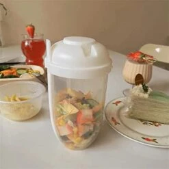 Zkosieng 2022 Keep Fit Salad Meal Shaker Cup With Fork And Dressing Holder, Fresh Washing Brush, Health Container, Portable Vegetable Breakfast To Take Away. (E-Pink+Green), 7.48×4.33×4.33in -Peugeot Shop 41jBo5TmvWL