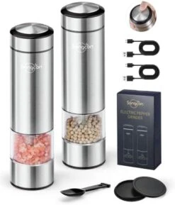 Sangcon 2 In 1 Electric Salt And Pepper Grinder Set, Battery Powered Salt And Pepper Mill, Automatic One-Handed Operation Refillable Grinder With Light, Adjustable Ceramic Grinders, Metallic Gunmetal 20 Sangcon 2 In 1 Electric Salt And Pepper Grinder Set, Battery Powered Salt And Pepper Mill, Automatic One-Handed Operation Refillable Grinder With Light, Adjustable Ceramic Grinders, Metallic Gunmetal -Peugeot Shop 41k7ZiEK4VL. AC