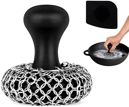 Cast Iron Scrubber + Pan Scraper, Upgraded Cast Iron Cleaner With Ergonomic Handle, Chainmail Scrubber For Cast Iron Pans And Skillets, Dishwasher Safe (Black, 1 Scrubber + 1 Scraper) 4 Cast Iron Scrubber + Pan Scraper, Upgraded Cast Iron Cleaner With Ergonomic Handle, Chainmail Scrubber For Cast Iron Pans And Skillets, Dishwasher Safe (Black, 1 Scrubber + 1 Scraper) - Image 4