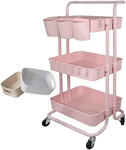 Freletry 3 Tier Utility Rolling Cart Storage Organizer Shelf Rack With 3PCS Hanging Cups + 8PCS Hooks + 2PCS Storage Box For Home Office Kitchen Bathroom Storage (Pink 3 Cup+8 Hook+2 Storage Box) 5 Freletry 3 Tier Utility Rolling Cart Storage Organizer Shelf Rack With 3PCS Hanging Cups + 8PCS Hooks + 2PCS Storage Box For Home Office Kitchen Bathroom Storage (Pink 3 Cup+8 Hook+2 Storage Box) - Image 5
