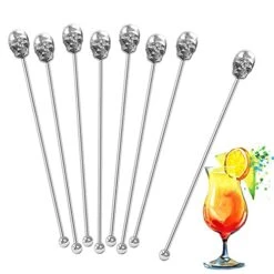 8 Pcs Stainless Steel Coffee Stirrers Beverage Stir Sticks Drinking Swizzle Sticks With Skull Top For Mixing Cocktail, Whiskey, Fruit Juice (Silver)