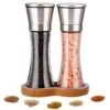 Salt And Pepper Grinder Set With Wooden Standing Tray, Salt And Pepper Mill, Stainless Steel Refillable Salt & Peppercorn Shakers