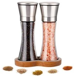 Salt And Pepper Grinder Set With Wooden Standing Tray, Salt And Pepper Mill, Stainless Steel Refillable Salt & Peppercorn Shakers
