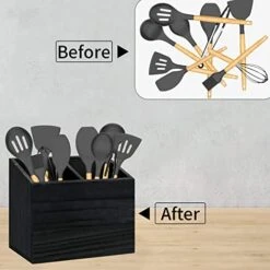 Utensil Holder For Kitchen Counter, Wood Utensil Organizer With 2 Compartments, Utensil Caddy And Silverware Organizer For Kitchen Decor, Black Kitchen Accessories -Peugeot Shop 41kzgOt6NZL