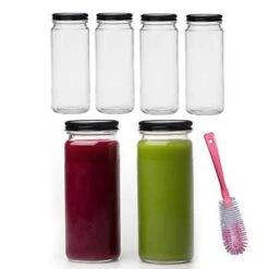 16 Oz Glass Bottles With Caps, 4 Juice Bottles Smoothie Cup Containers Metal Black Lids Includes A Brush