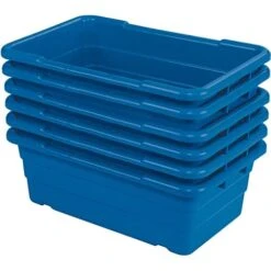 Blue Plastic Bus Tub (Pack Of 6) Commercial Tote Box Cross Stack Nest Utility Tote Tub/Bud Box W/O Lid, 25” L X 16” W X 9” H - For Food Service, Airport, Cafeteria, Seafood, Vegetables, Transporting