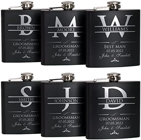 Groomsmen Gifts Set Of 6, Personalized Groomsmen Flask Set W Optional Gift Box - Wedding Favor, Engraved 6oz Stainless Steel Flask, Custom Flask Gift Set, Black #2 6 Groomsmen Gifts Set Of 6, Personalized Groomsmen Flask Set W Optional Gift Box - Wedding Favor, Engraved 6oz Stainless Steel Flask, Custom Flask Gift Set, Black #2 - Image 6