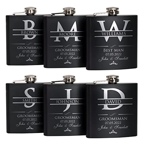 Groomsmen Gifts Set Of 6, Personalized Groomsmen Flask Set W Optional Gift Box - Wedding Favor, Engraved 6oz Stainless Steel Flask, Custom Flask Gift Set, Black #2 1 Groomsmen Gifts Set Of 6, Personalized Groomsmen Flask Set W Optional Gift Box - Wedding Favor, Engraved 6oz Stainless Steel Flask, Custom Flask Gift Set, Black #2