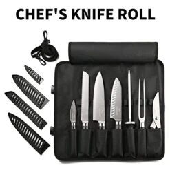 Chef Knife Set With Bag, 8 Pieces Damascus Steel Chef Knives With Portable Knife Roll Storage Bag, Blade Guards, Carving Fork, Sharpener And Kitchen Shears For Outdoor Camping Travel -Peugeot Shop 41mVf6syaeL