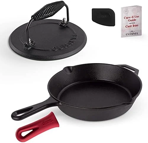 Ast Iron Skillet + Grill Press + Scraper Set - 10"-inch Pre-Seasoned Frying Pan + Silicone Handle Grip - 7" Round Burger Smasher - Indoor/Outdoor, Stove, Oven, Grill, Induction Safe Kitchen Cookware 6 Ast Iron Skillet + Grill Press + Scraper Set - 10"-inch Pre-Seasoned Frying Pan + Silicone Handle Grip - 7" Round Burger Smasher - Indoor/Outdoor, Stove, Oven, Grill, Induction Safe Kitchen Cookware - Image 6