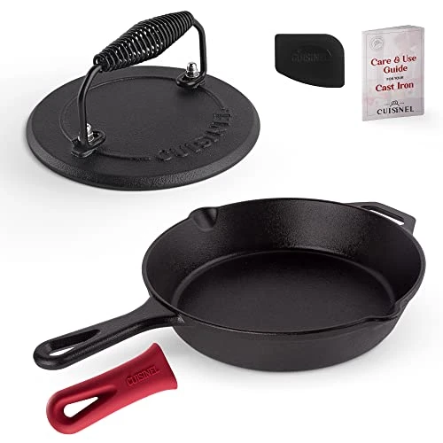 Ast Iron Skillet + Grill Press + Scraper Set - 10"-inch Pre-Seasoned Frying Pan + Silicone Handle Grip - 7" Round Burger Smasher - Indoor/Outdoor, Stove, Oven, Grill, Induction Safe Kitchen Cookware 1 Ast Iron Skillet + Grill Press + Scraper Set - 10"-inch Pre-Seasoned Frying Pan + Silicone Handle Grip - 7" Round Burger Smasher - Indoor/Outdoor, Stove, Oven, Grill, Induction Safe Kitchen Cookware