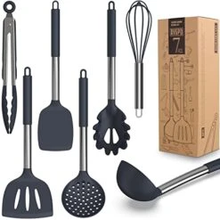 Ishwasher Safe Silicone Cooking Utensils - Heat Resistant Kitchen Utensil Set With Stainless Steel Handle, Spatula,Turner, Slotted Spoon,Tong, Kitchen Gadgets For Non-Stick Cookware, BPA FREE (Grey)