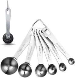 Molecee Measuring Spoons Set Stainless Steel - 7 Pieces Kitchen Aid Metal Spoons Includes Teaspoon And Tablespoon Engraved With Leveler And Ring Holder, Measuring Tiny Dry And Liquid Ingredients