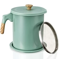 Bacon Grease Container With Strainer Fine Mesh 1.7L, Dishwasher Safe, Anti-Rancidity, With Non-slip Coaster, Food Grade Non-stick Inner Coating, Multipurpose Iron Cooking Oil Keeper