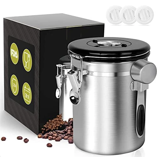Airtight Coffee Canister, Stainless Steel Container For The Kitchen, Coffee Ground Vault Jar With One Way Co2 Valve And Scoop, Tea Coffee Sugar,Extra Coffee Spoon (Silver, 16OZ) 1 Airtight Coffee Canister, Stainless Steel Container For The Kitchen, Coffee Ground Vault Jar With One Way Co2 Valve And Scoop, Tea Coffee Sugar,Extra Coffee Spoon (Silver, 16OZ)