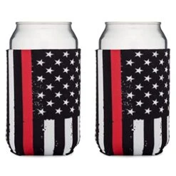 Thin Red Line Collapsible Beer Can And Bottle Beverage Cooler Sleeves - 2 Pack - Standard Size 12 Oz - 3mm Thick Insulated Neoprene - Fireman Firefighter