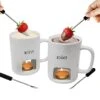 Personal Fondue Mugs Set Of 2 | Ceramic Mugs For Chocolate Or Cheese | Includes Forks And Tealights| Double Vented (White)