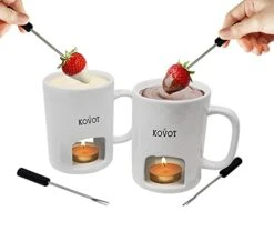 Personal Fondue Mugs Set Of 2 | Ceramic Mugs For Chocolate Or Cheese | Includes Forks And Tealights| Double Vented (White)