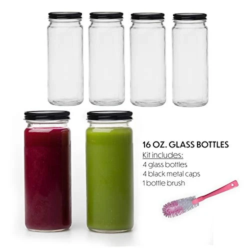 16 Oz Glass Bottles With Caps, 4 Juice Bottles Smoothie Cup Containers Metal Black Lids Includes A Brush 2 16 Oz Glass Bottles With Caps, 4 Juice Bottles Smoothie Cup Containers Metal Black Lids Includes A Brush - Image 2