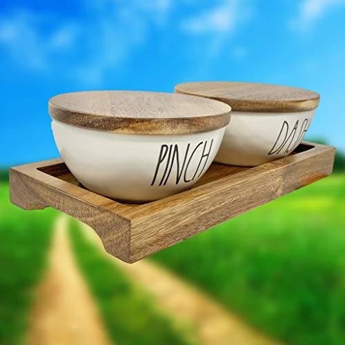 Ae Dunn By Magenta 3 Piece PINCH DASH Ceramic LL Salt & Pepper Cellar Set With Wood Tray 2019 Limited Edition 2 Ae Dunn By Magenta 3 Piece PINCH DASH Ceramic LL Salt & Pepper Cellar Set With Wood Tray 2019 Limited Edition - Image 2