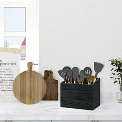 Utensil Holder For Kitchen Counter, Wood Utensil Organizer With 2 Compartments, Utensil Caddy And Silverware Organizer For Kitchen Decor, Black Kitchen Accessories -Peugeot Shop 41oMBoGQusL