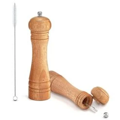 Refillable 8In Pepper Mills, HaSteeL Wooden Salt And Pepper Grinder Set With Adjustable Ceramic Rotor, Manual Spicy Shaker Grinding For Kitchen Restaurant Barbecue, 2 Grinders & Brush