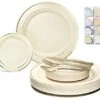 " OCCASIONS " 600 Pcs Set & 120 Guest Wedding Disposable Plastic Plate & Silverware Combo Set (Ivory & Gold Rim Plates, Gold Silverware)