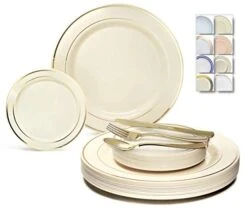 " OCCASIONS " 600 Pcs Set & 120 Guest Wedding Disposable Plastic Plate & Silverware Combo Set (Ivory & Gold Rim Plates, Gold Silverware)