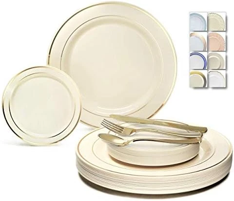 " OCCASIONS " 600 Pcs Set & 120 Guest Wedding Disposable Plastic Plate & Silverware Combo Set (Ivory & Gold Rim Plates, Gold Silverware) 7 " OCCASIONS " 600 Pcs Set & 120 Guest Wedding Disposable Plastic Plate & Silverware Combo Set (Ivory & Gold Rim Plates, Gold Silverware) - Image 7
