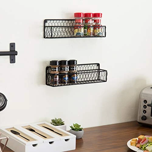 MyGift Wall Spice Racks, 12-Inch Black Chicken Wire Hanging Kitchen Seasoning Condiment Organizer Shelf, Set Of 2 2 MyGift Wall Spice Racks, 12-Inch Black Chicken Wire Hanging Kitchen Seasoning Condiment Organizer Shelf, Set Of 2 - Image 2