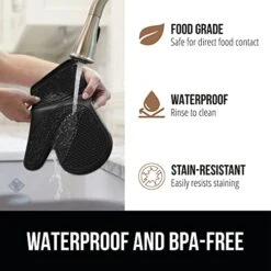 Heat And Slip Resistant Silicone Oven Mitt And Trivets Set, Waterproof, Cotton Lined Gloves, BPA-Free, Long Cooking Mitts And Trivet Mats, Kitchen Potholder Sets For Pans, 4 Pieces, Black -Peugeot Shop 41ptMOScwVL