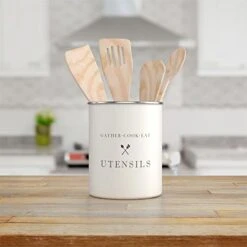 White Utensil Holder For Kitchen Countertop, Farmhouse Metal Utensil Crock, Rustic Country Decorative Kitchen Utensil Caddy Large, 5.5x6.75