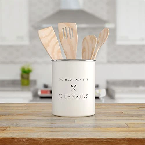 White Utensil Holder For Kitchen Countertop, Farmhouse Metal Utensil Crock, Rustic Country Decorative Kitchen Utensil Caddy Large, 5.5x6.75 1 White Utensil Holder For Kitchen Countertop, Farmhouse Metal Utensil Crock, Rustic Country Decorative Kitchen Utensil Caddy Large, 5.5x6.75