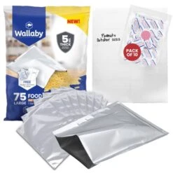 75x Wallaby 1-Gallon Mylar Bag Bundle - (5 Mil - 10" X 14") Mylar Bags, 80x 400cc Oxygen Absorbers, 80x Labels - Heat Sealable, Food Safe, & Reliable Long Term-Food Storage Solutions - Silver