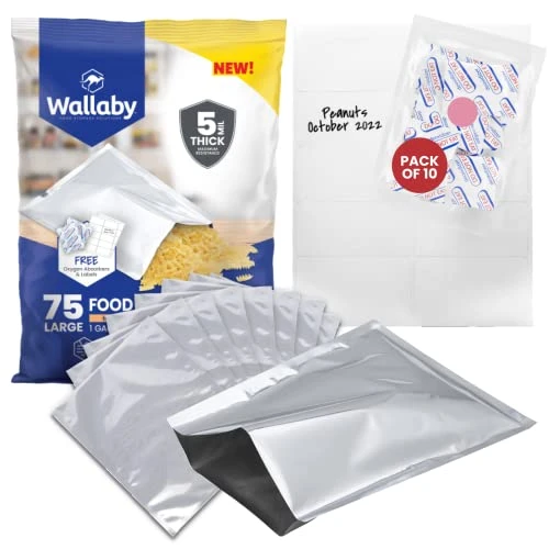 75x Wallaby 1-Gallon Mylar Bag Bundle - (5 Mil - 10" X 14") Mylar Bags, 80x 400cc Oxygen Absorbers, 80x Labels - Heat Sealable, Food Safe, & Reliable Long Term-Food Storage Solutions - Silver 1 75x Wallaby 1-Gallon Mylar Bag Bundle - (5 Mil - 10" X 14") Mylar Bags, 80x 400cc Oxygen Absorbers, 80x Labels - Heat Sealable, Food Safe, & Reliable Long Term-Food Storage Solutions - Silver