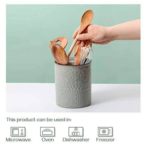 DOWAN Kitchen Utensil Holder, 6.2” Extra Utensil Holders For Countertop, Heavy Ceramic Utensil Crock, Anti Slip & Scratch Cork Bottom, Grey Utensil Organizer For Home Décor 2 DOWAN Kitchen Utensil Holder, 6.2” Extra Utensil Holders For Countertop, Heavy Ceramic Utensil Crock, Anti Slip & Scratch Cork Bottom, Grey Utensil Organizer For Home Décor - Image 2