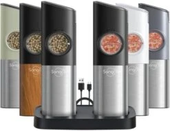 [Upgraded Larger Capacity] Sangcon Gravity Electric Salt And Pepper Grinder Set - USB Rechargeable With Dual Charging Base - Automatic One Hand Operation - Adjustable Coarseness & LED Light Refillable -Peugeot Shop 41qf2YsQngL. AC