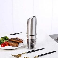 Electric Salt And Pepper Grinder, Automatic Pepper Mill, Gravity Salt Grinder, Battery-Operated With Adjustable Coarseness, LED Light, One Hand Operated (Silver 2Pack) -Peugeot Shop 41qqmUlwClS